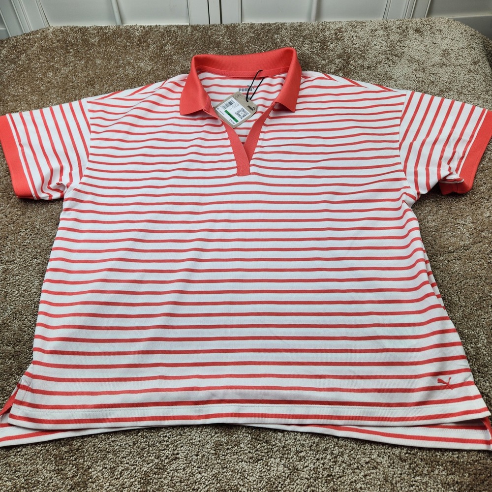 Puma Everyday Stripe Pique Polo Womens Large White Glow Salmon 623914-11‎ NWT